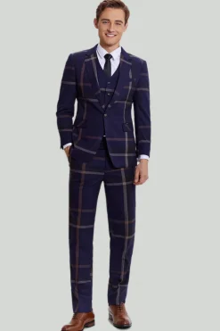 3 Peças Fato Masculino Azul Marinho Xadrez