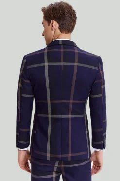 3 Peças Fato Masculino Azul Marinho Xadrez