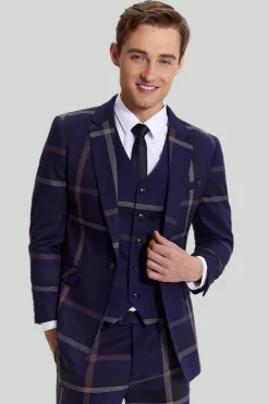 3 Peças Fato Masculino Azul Marinho Xadrez
