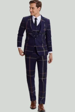 3 Peças Fato Masculino Azul Marinho Xadrez