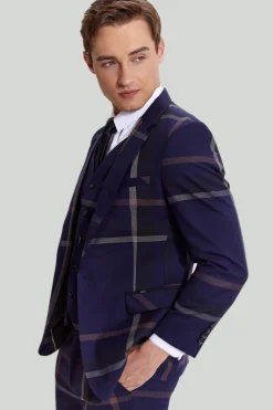 3 Peças Fato Masculino Azul Marinho Xadrez