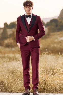 3 Peças Peak Lapel Borgonha Fatos de Baile de Formatura Masculino
