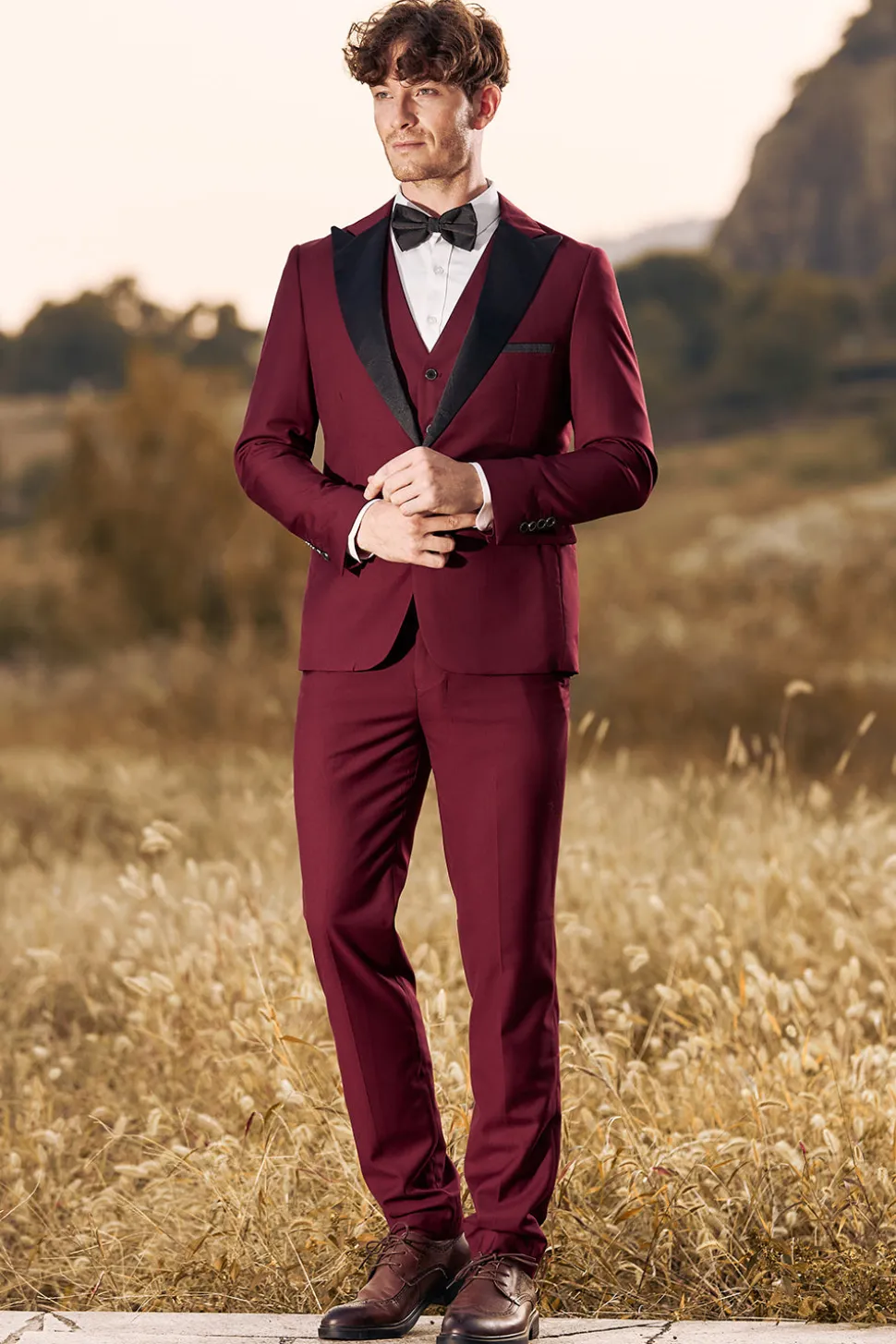 3 Peças Peak Lapel Borgonha Fatos de Baile de Formatura Masculino