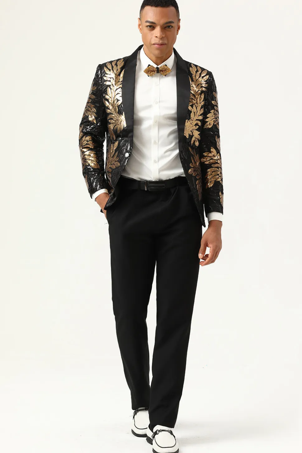 2 Peças Preto e Dourado Jacquard Fatos Masculino