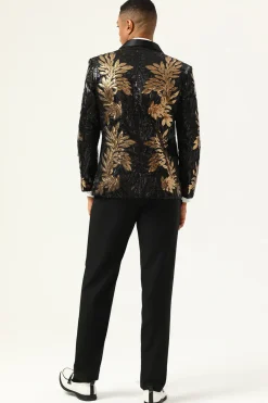 2 Peças Preto e Dourado Jacquard Fatos Masculino