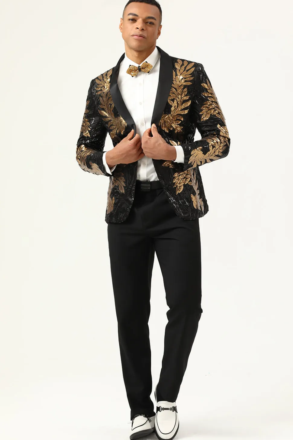 2 Peças Preto e Dourado Jacquard Fatos Masculino