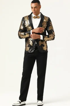 2 Peças Preto e Dourado Jacquard Fatos Masculino