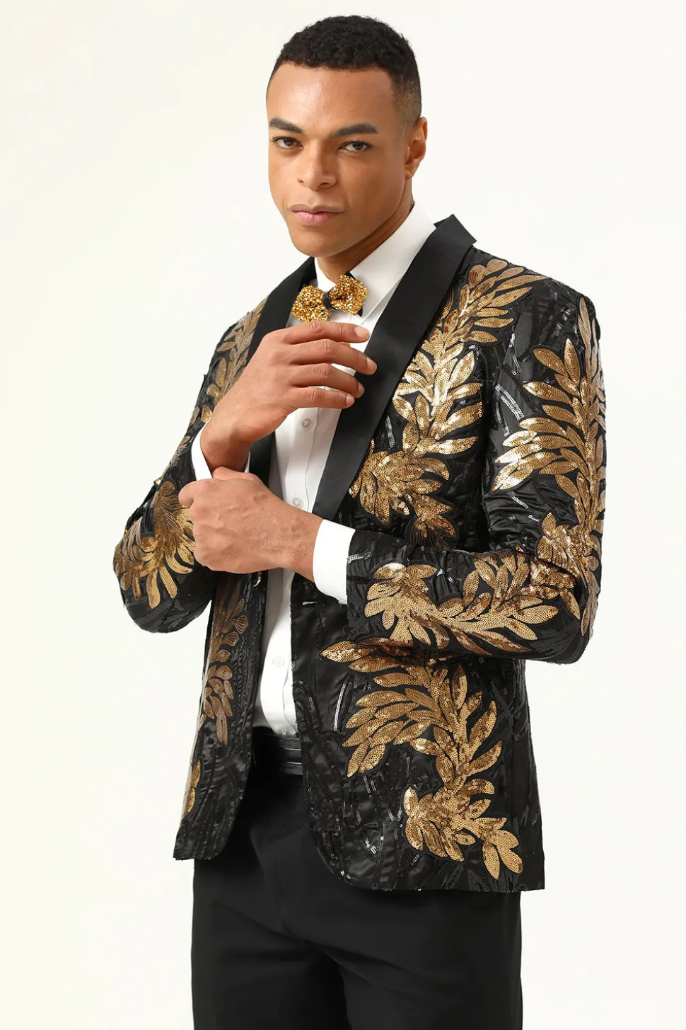 2 Peças Preto e Dourado Jacquard Fatos Masculino