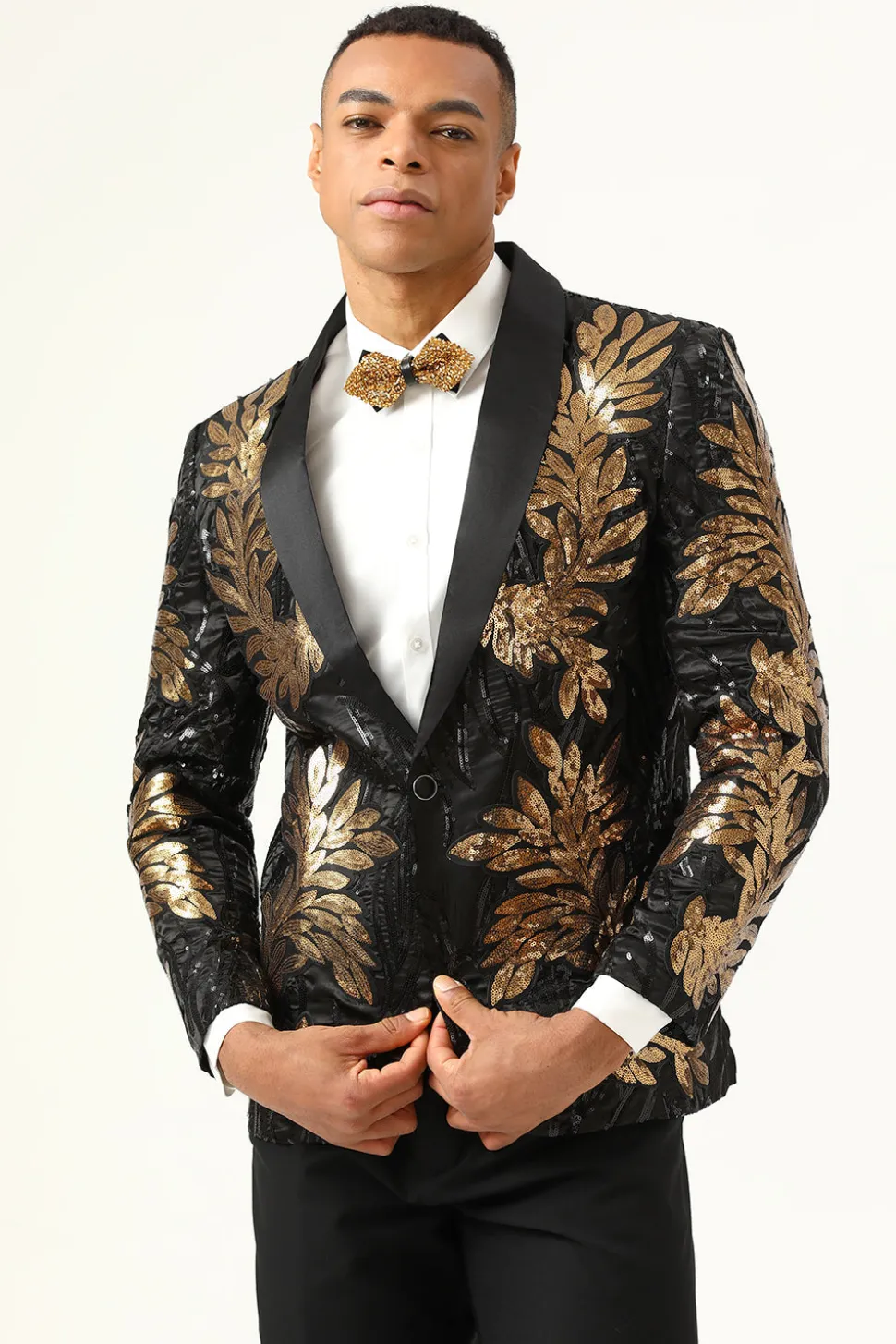 2 Peças Preto e Dourado Jacquard Fatos Masculino