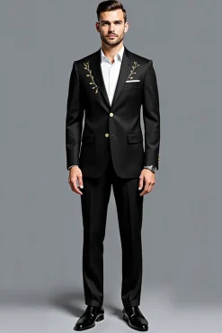 2 Peças Preto Lapela Notched Single Peito Masculino Fato Homem