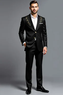 2 Peças Preto Lapela Notched Single Peito Masculino Fato Homem