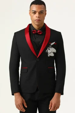 3 Peças Preto Vermelho Lapela Shawl Fatos Masculino