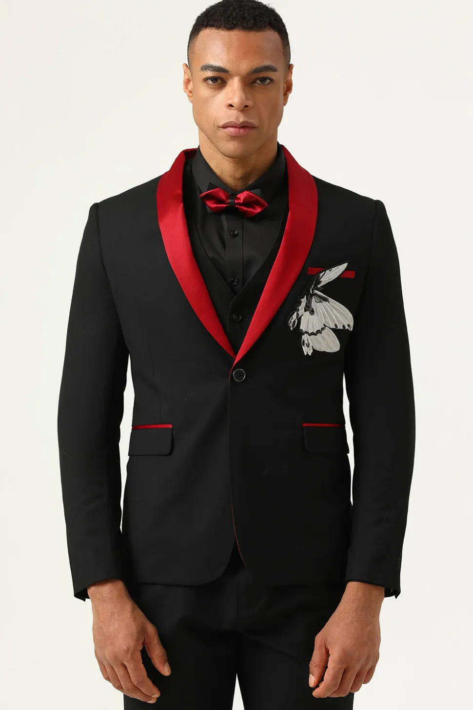 3 Peças Preto Vermelho Lapela Shawl Fatos Masculino