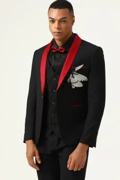3 Peças Preto Vermelho Lapela Shawl Fatos Masculino