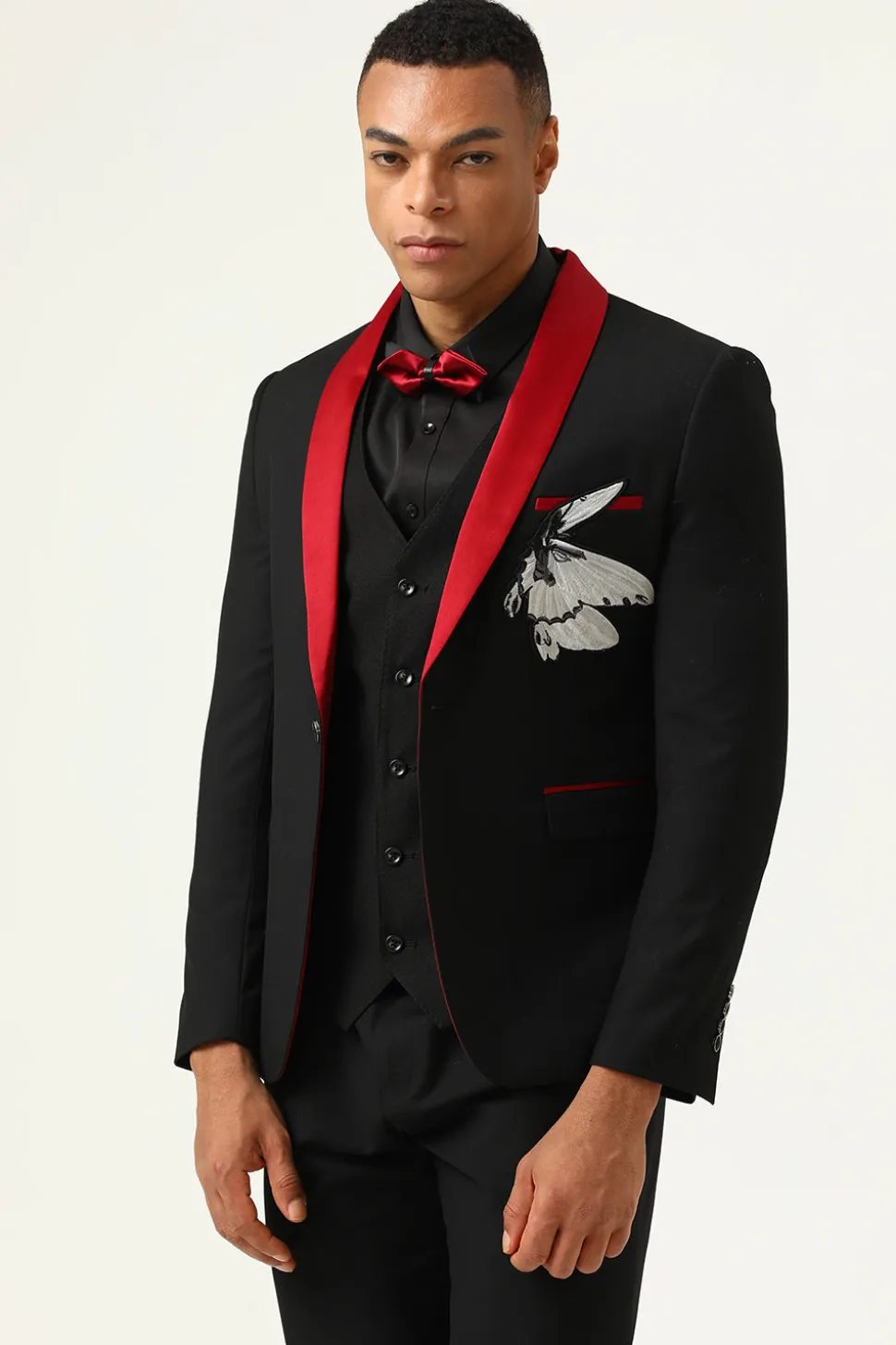 3 Peças Preto Vermelho Lapela Shawl Fatos Masculino