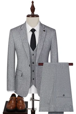 3 Peças Slim Fit Notched Lapela Homens Ternos Cinzentos