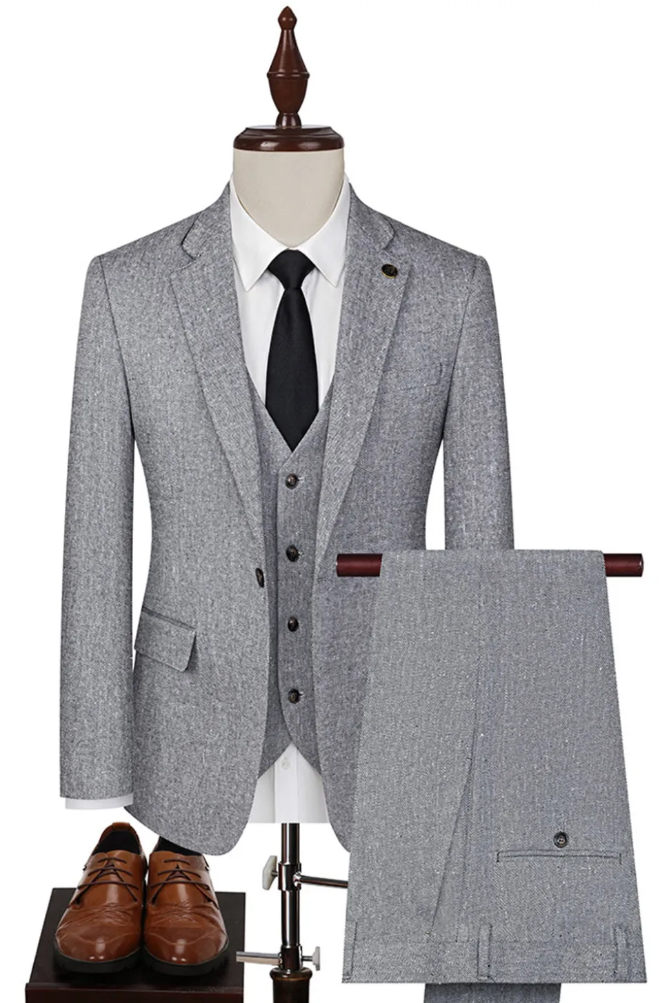 3 Peças Slim Fit Notched Lapela Homens Ternos Cinzentos