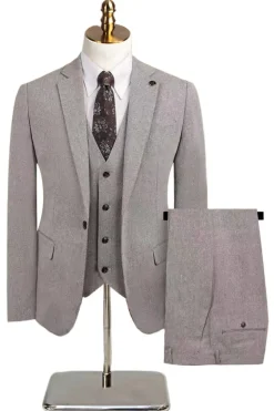 3 Peças Slim Fit Notched Lapela Homens Ternos Cinzentos
