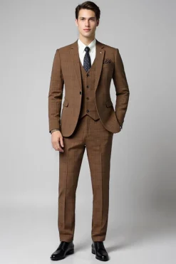 3 Peças Slim Fit Verificado Entalado Lapela Marrom Fato Homem