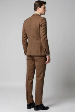 3 Peças Slim Fit Verificado Entalado Lapela Marrom Fato Homem