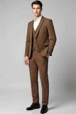 3 Peças Slim Fit Verificado Entalado Lapela Marrom Fato Homem