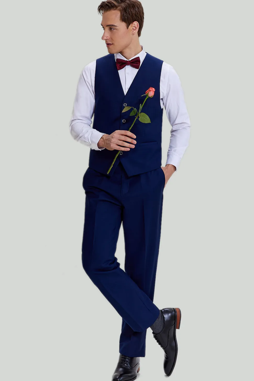 3 Peças Um Botão Fato Para Homem Azul Marinho