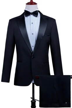 2 Piece Pico Lapela Um Botão Terno Masculino Preto com Missangas