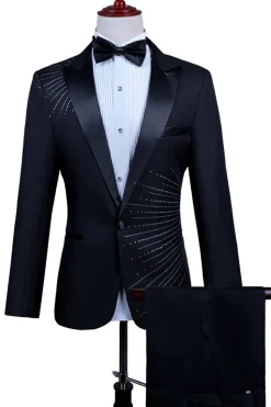 2 Piece Pico Lapela Um Botão Terno Masculino Preto com Missangas