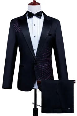 2 Piece Pico Lapela Um Botão Terno Masculino Preto com Missangas