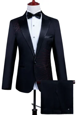 2 Piece Pico Lapela Um Botão Terno Masculino Preto com Missangas