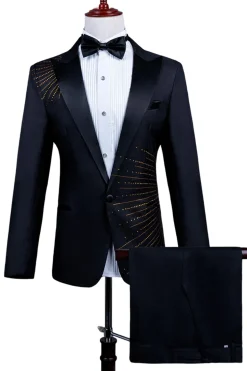 2 Piece Pico Lapela Um Botão Terno Masculino Preto com Missangas