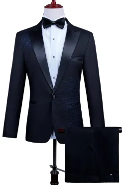2 Piece Pico Lapela Um Botão Terno Masculino Preto com Missangas