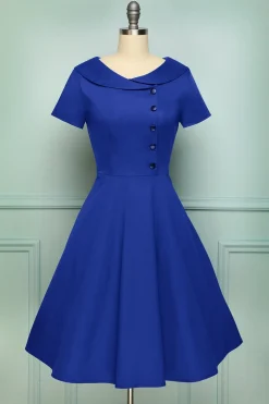 1950 Vestido de botão azul
