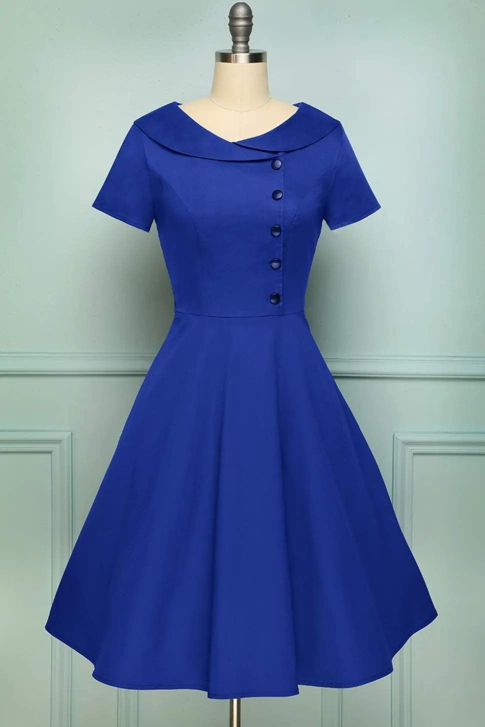 1950 Vestido de botão azul
