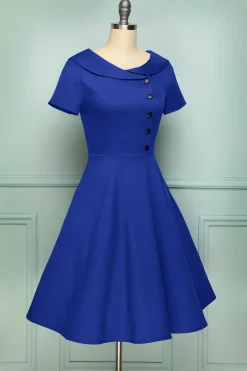 1950 Vestido de botão azul