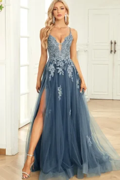 A Line Alças Espaguete Cinza Azul Vestido de Baile Com Apliques
