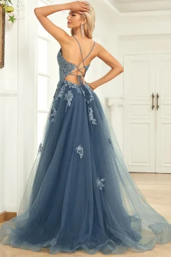 A Line Alças Espaguete Cinza Azul Vestido de Baile Com Apliques