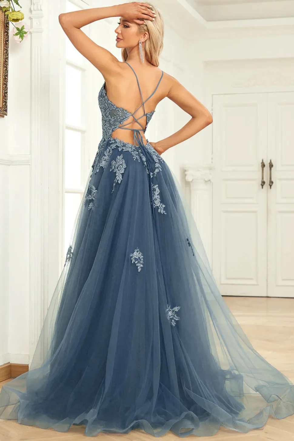 A Line Alças Espaguete Cinza Azul Vestido de Baile Com Apliques
