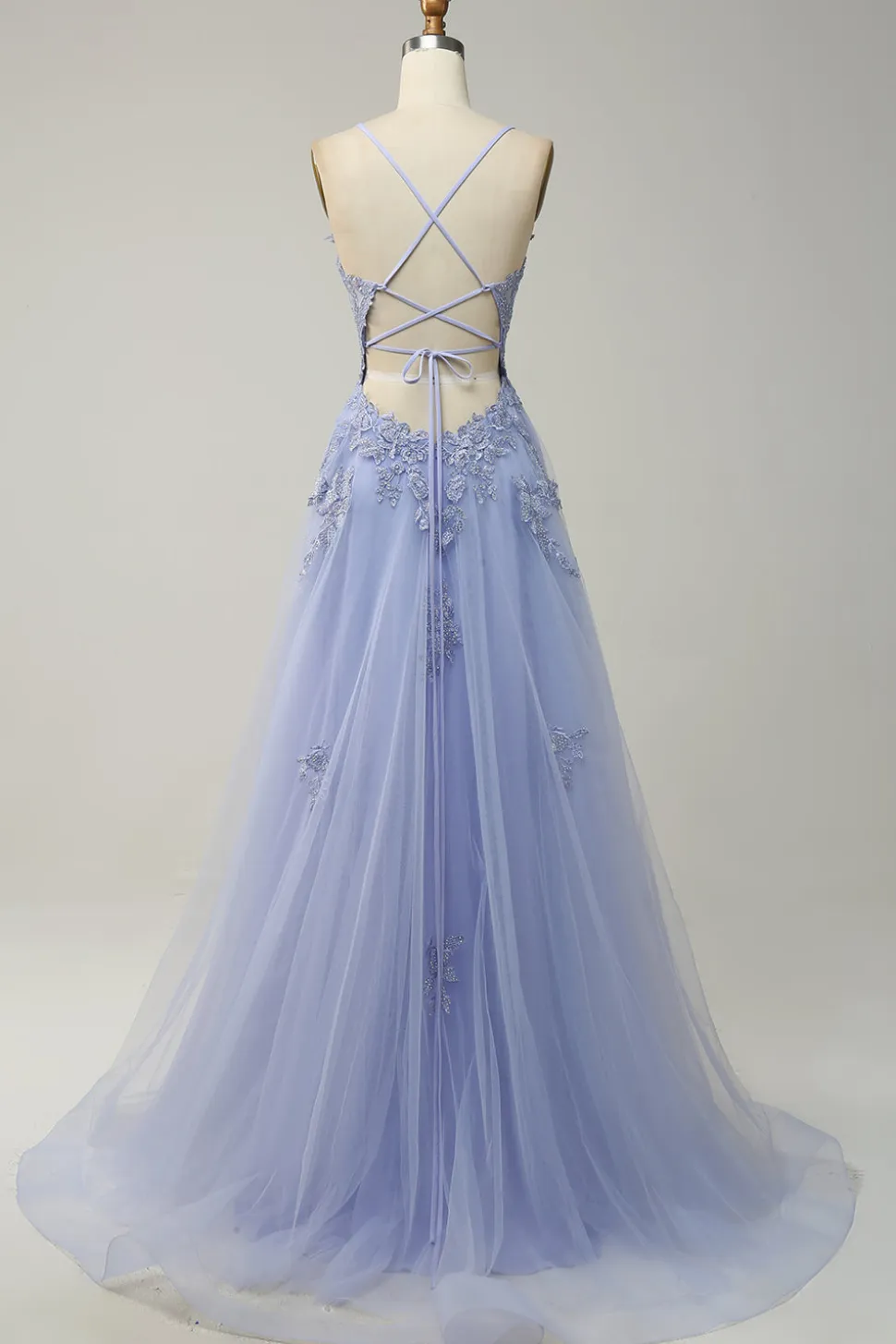 A Line Alças Espaguete Cinza Azul Vestido de Baile Com Apliques