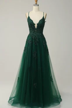 A Line Alças Espaguete Cinza Azul Vestido de Baile Com Apliques