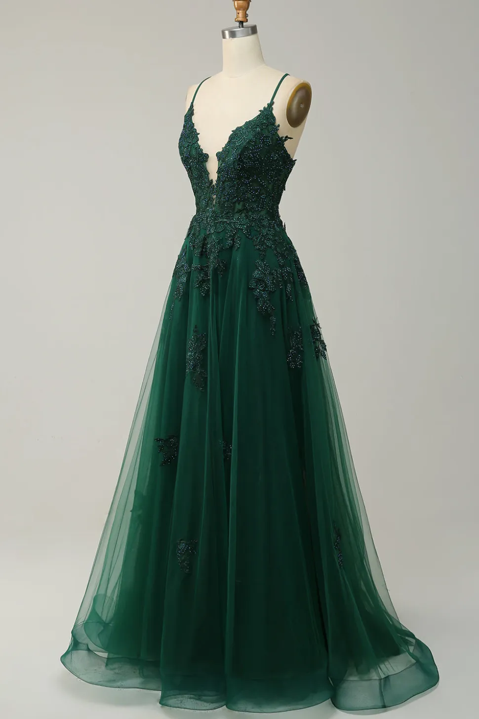 A Line Alças Espaguete Cinza Azul Vestido de Baile Com Apliques
