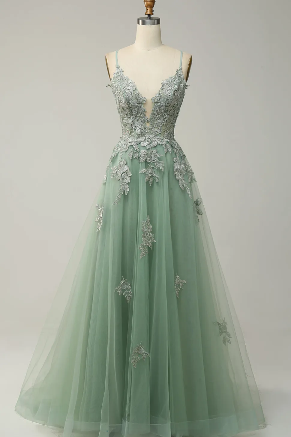 A Line Alças Espaguete Cinza Azul Vestido de Baile Com Apliques