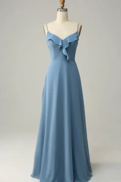 A Line Alças Espaguete Cinza Azul Vestido Dama de Honra