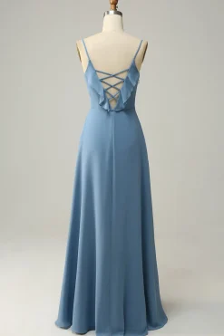 A Line Alças Espaguete Cinza Azul Vestido Dama de Honra