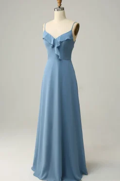 A Line Alças Espaguete Cinza Azul Vestido Dama de Honra