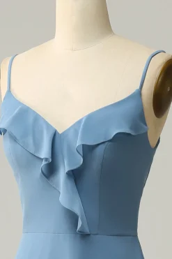 A Line Alças Espaguete Cinza Azul Vestido Dama de Honra