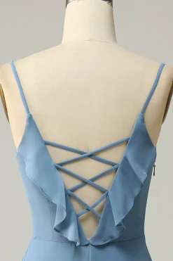 A Line Alças Espaguete Cinza Azul Vestido Dama de Honra