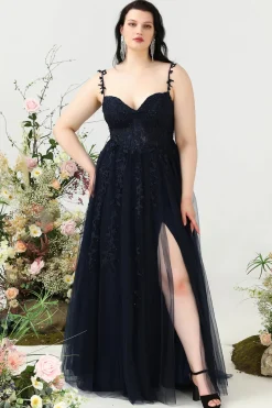 A Line Alças Espaguete Tamanho Grande Vestido de Baile Com Apliques