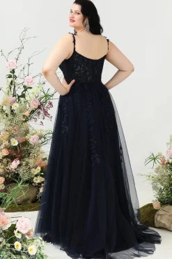 A Line Alças Espaguete Tamanho Grande Vestido de Baile Com Apliques