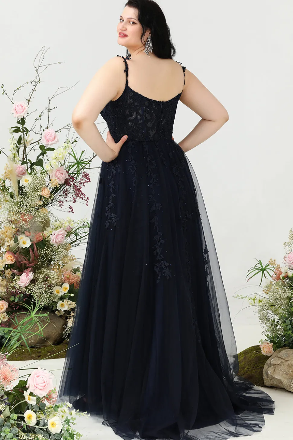A Line Alças Espaguete Tamanho Grande Vestido de Baile Com Apliques